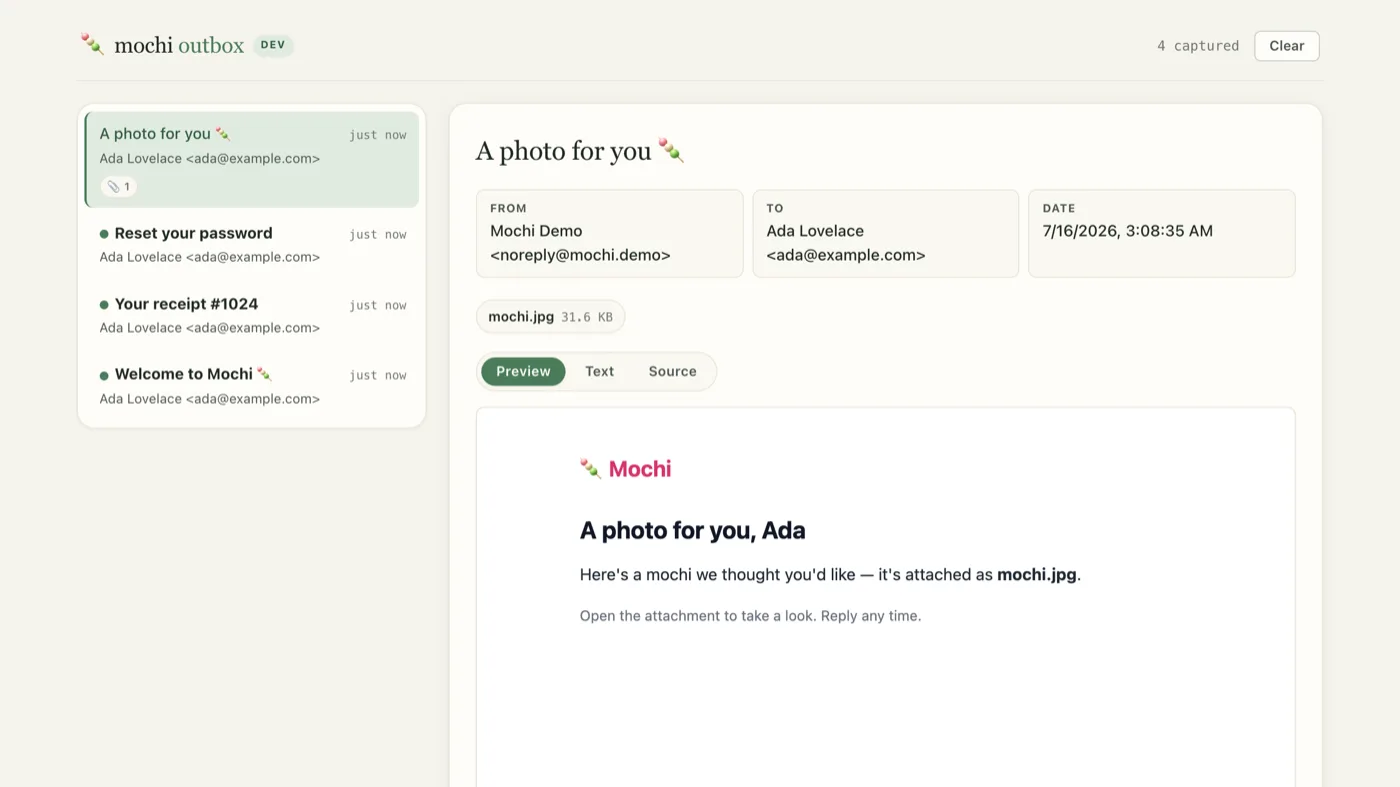 The dev email outbox: captured messages on the left, and the selected message's headers, attachment chip, Preview / Text / Source tabs and rendered body on the right