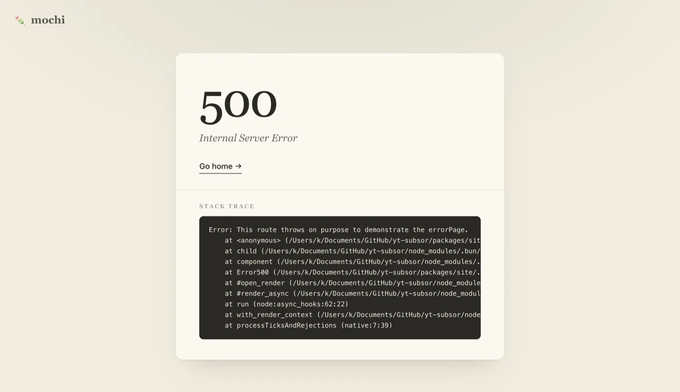 The built-in error page: a large 500 above the message Internal Server Error, a Go home link, and a Stack trace section showing the thrown error