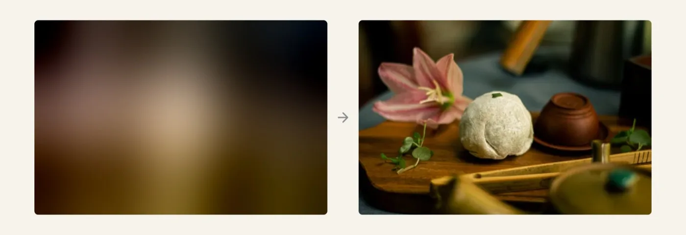 Side by side: a soft colour-blurred rectangle on the left, and on the right the photo it resolves to — a mochi on a wooden board beside a pink lily